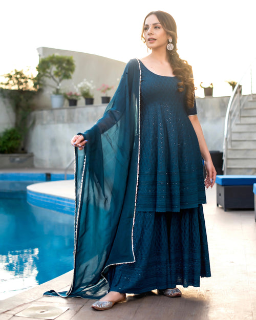 Navyaa Women's Blue Embroidered Cotton Kurta Sharara Set With Dupatta