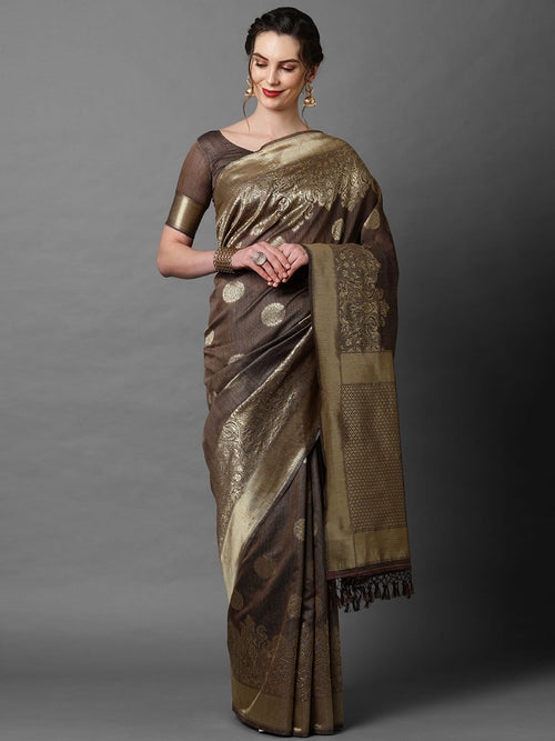 Sareemall Brown Festive Silk Blend Elite Woven Design Saree With Unstitched Blouse