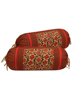 Clasiko Cotton Bolster Covers Set Of 2 220 TC Traditional Flowers On Red Printed 30x15 Inches