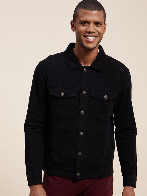 Men's Black Solid Denim Jacket