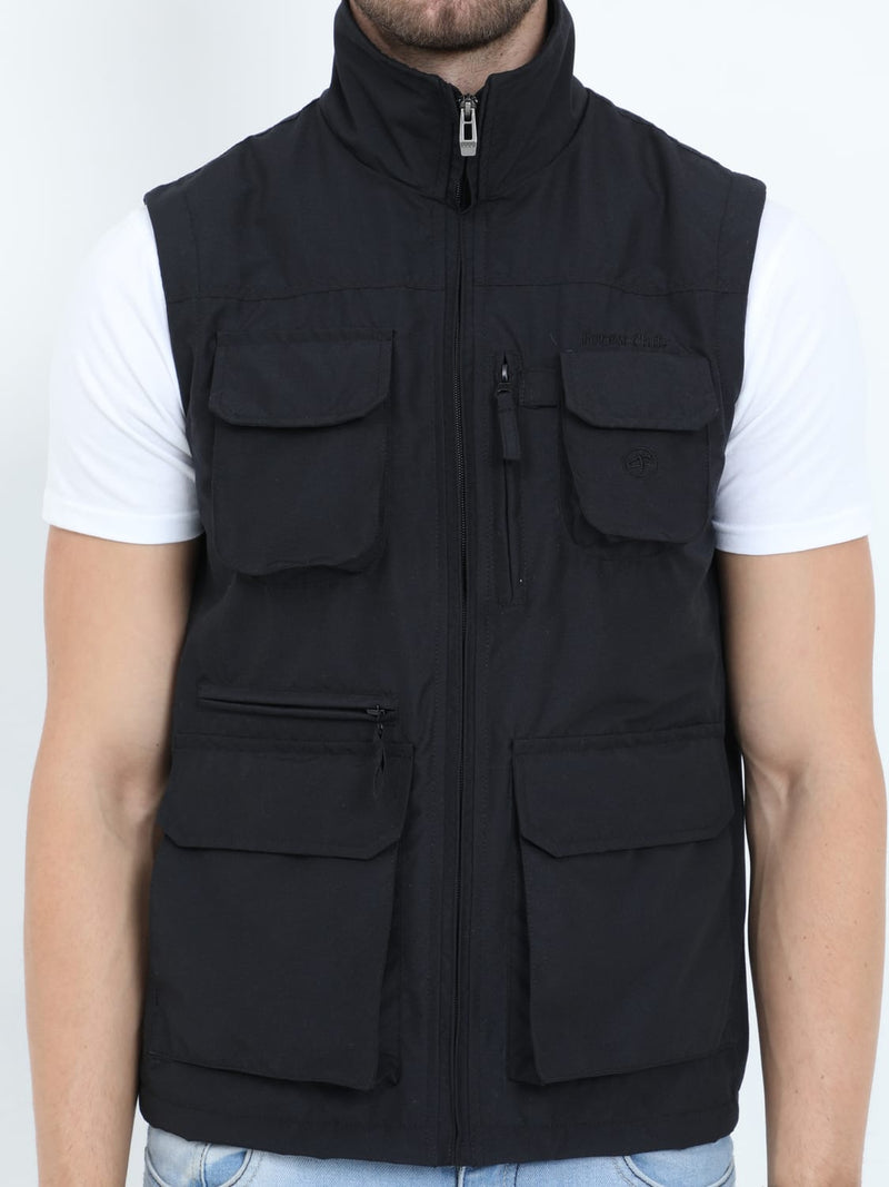 Multi-Pocket Sleeveless Black Jacket