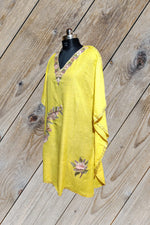 100% Cotton Light Yellow Short Kashmiri Kaftan with Floral Aari Embroidery