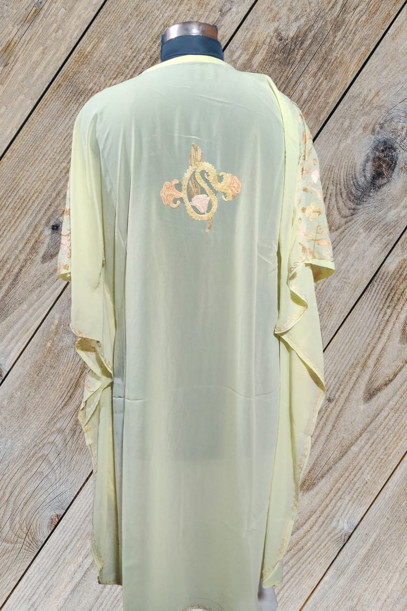 100% Cotton Light Yellow Kashmiri Kaftan with All Over Floral Aari Embroidery