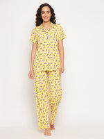 Clovia Owl Print Button Me Up Shirt & Pyjama Set in Yellow - 100% Cotton