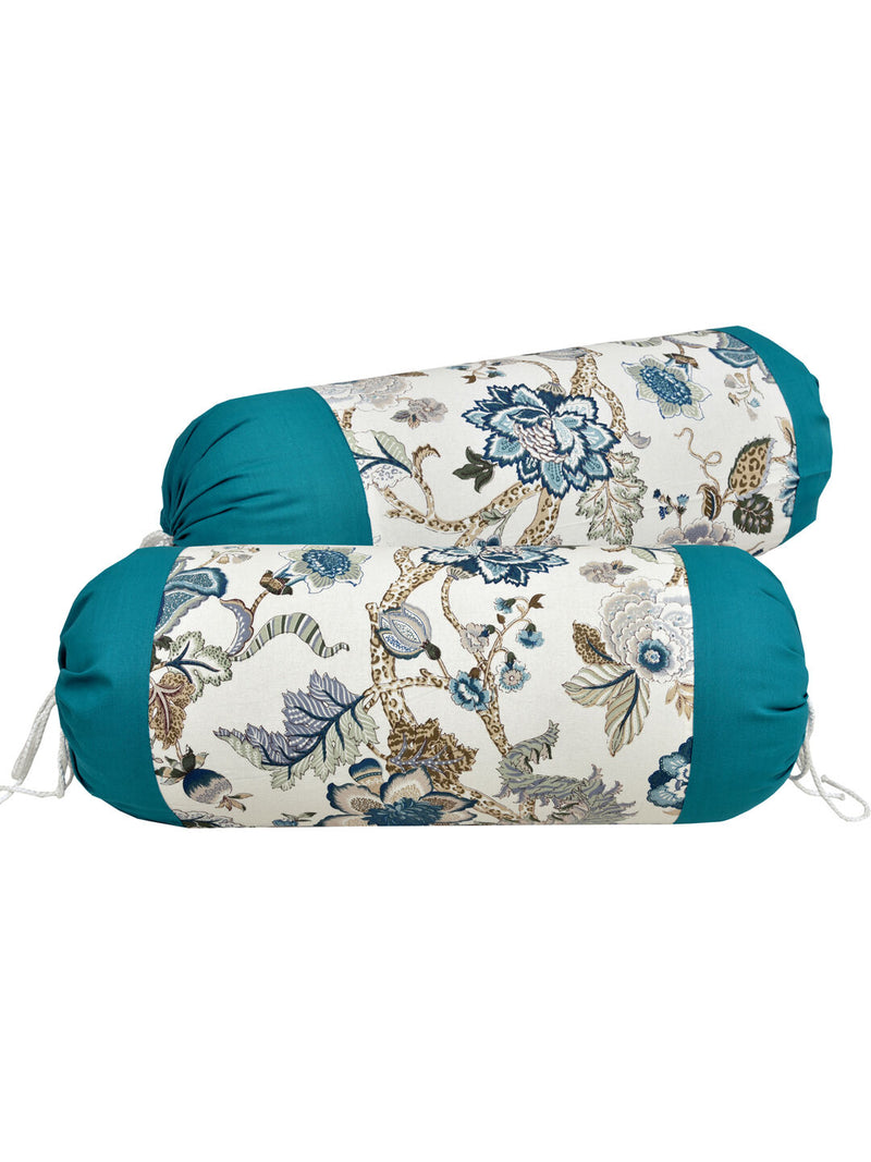 Clasiko Cotton Bolster Covers Set Of 2 300 TC Printed With Teal Blue Border 30x15 Inches