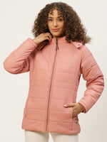 Women Peach-Coloured Solid Parka Jacket With Detachable Hood