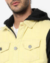 Campus Sutra Men's Light-Washed Yellow & Black Regular Fit Denim Jacket For Winter Wear | Hooded Collar | Full Sleeve | Buttoned | Casual Denim Jacket For Man | Western Stylish Denim Jacket For Men