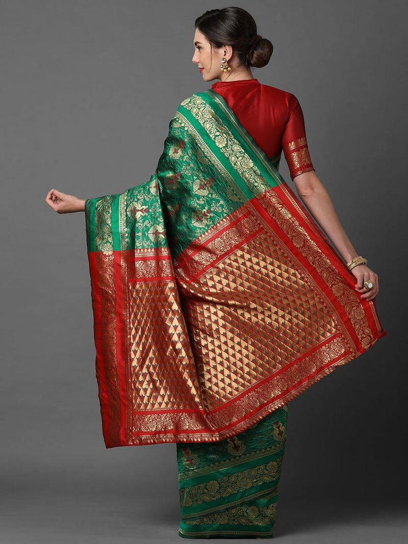Sareemall Green & Red Wedding Silk Blend Woven Design Saree With Unstitched Blouse
