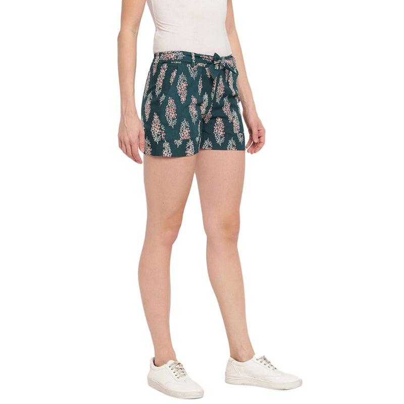 Aawari Cotton Green Boota Printed Shorts For Girls and Women (Multicolor)