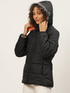 Women Black Solid Detachable Hood Parka Jacket
