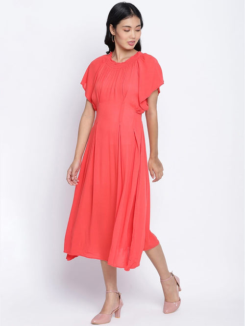 Flamboyant Red Solid Women Neck Details Dress
