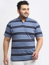 Venitian Men Striped Plus Size Polo Neck Sky Blue T-shirt With Pocket