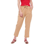 Aawari Cotton Trouser Pants with Belt Almond