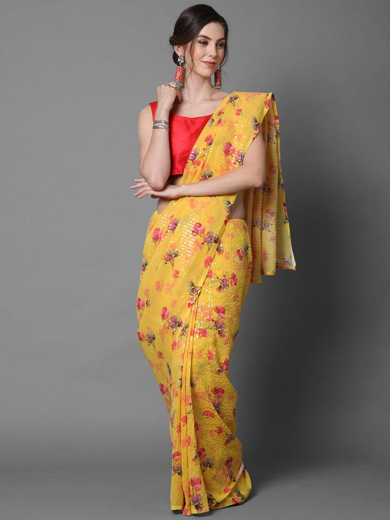 Sareemall Yellow Party Wear Georgette Sequence Work Saree With Unstitched Blouse