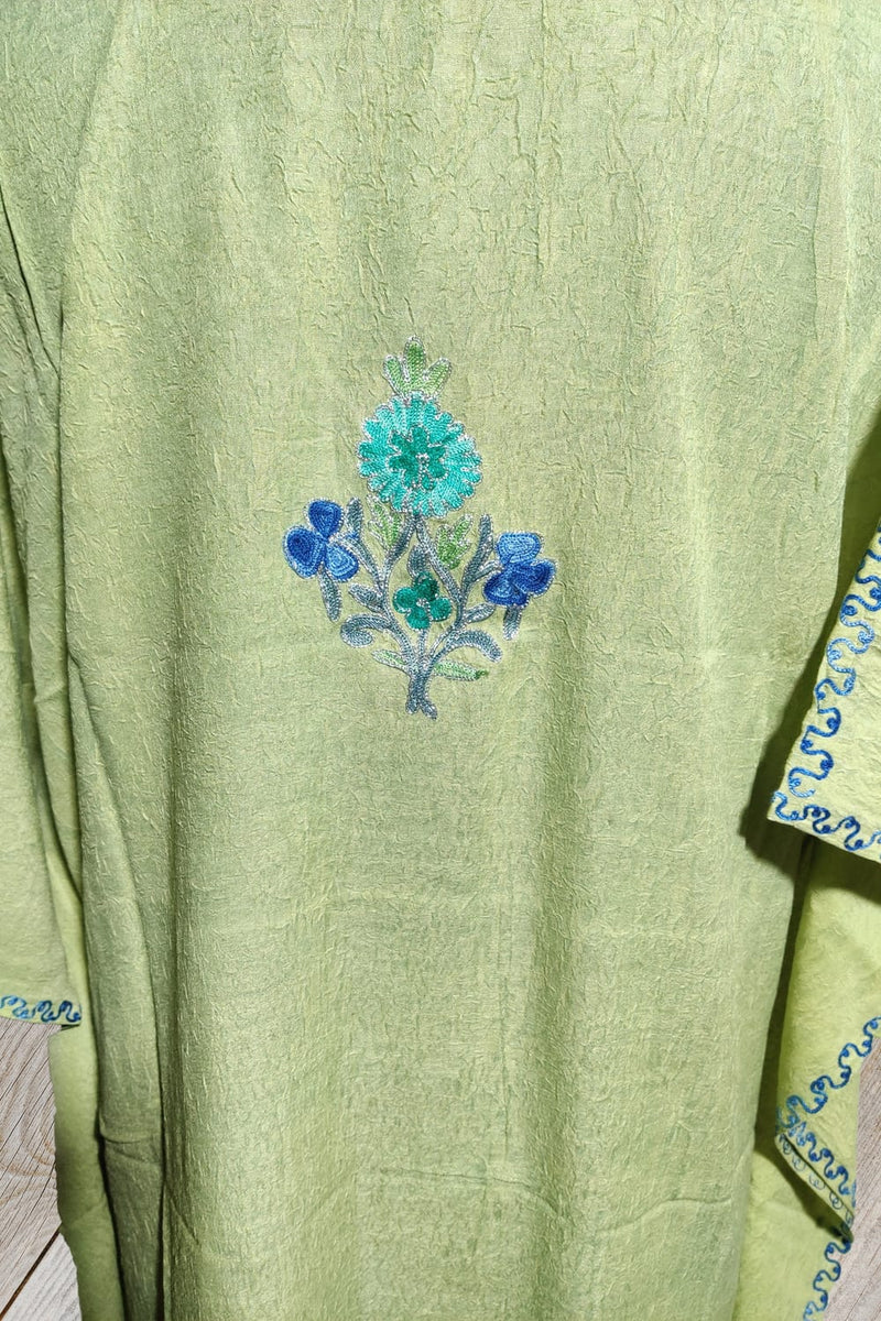 100% Cotton Lemon-Green Short Kashmiri Kaftan with Floral Aari Embroidery