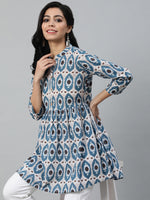 Women Blue Printed Tunic With Three Quarter Sleeves