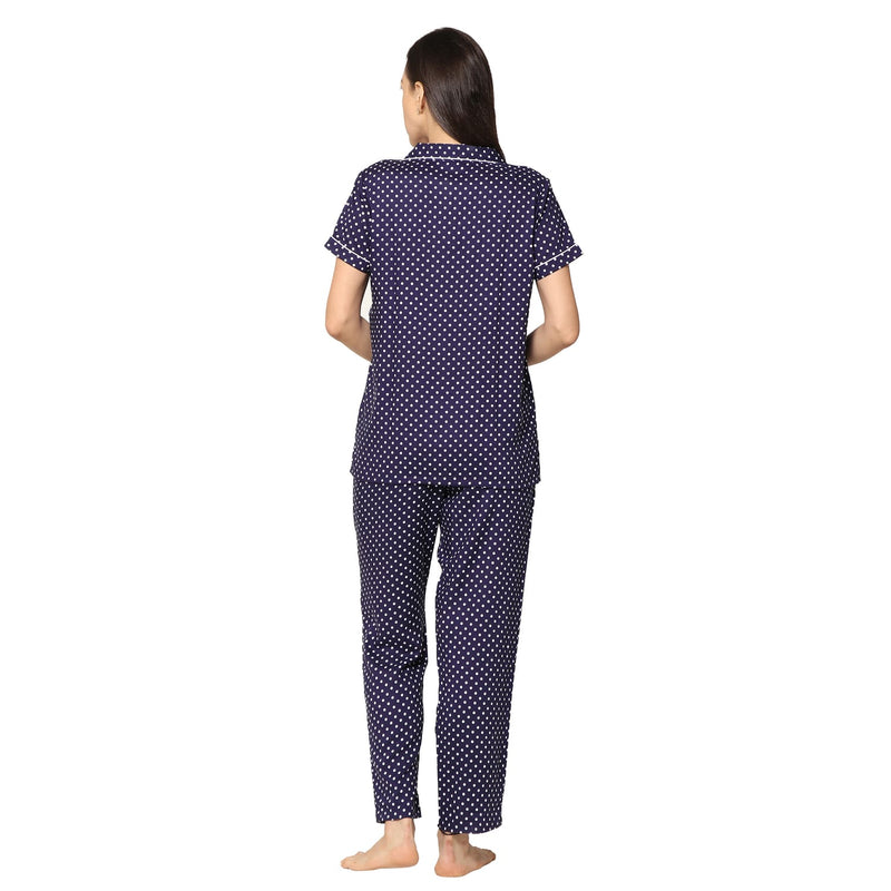 Women Navy Polka Shirt Pyjama Set