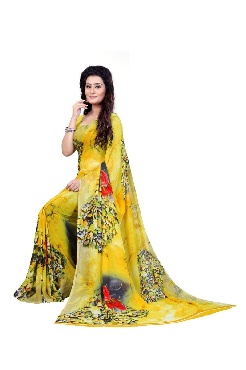 Vishal Prints Yellow Patterned Chiffon Digital Print Saree