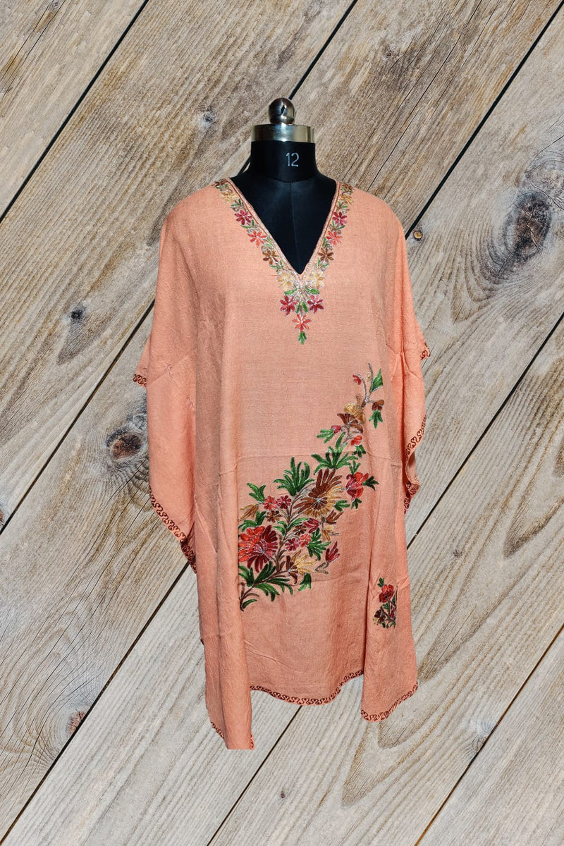 100% Cotton Peach Short Kashmiri Kaftan with Floral Aari Embroidery