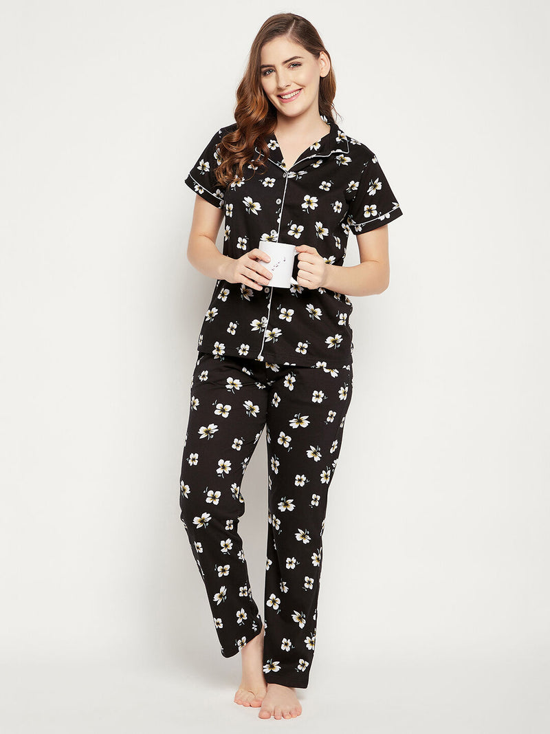 Clovia Pretty Florals Button Me Up Shirt & Pyjama Set in Black - 100% Cotton