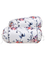 Clasiko Cotton Bolster Covers Set Of 2 300 TC Multicolor Flowers & Grey Leaves 30x15 Inches