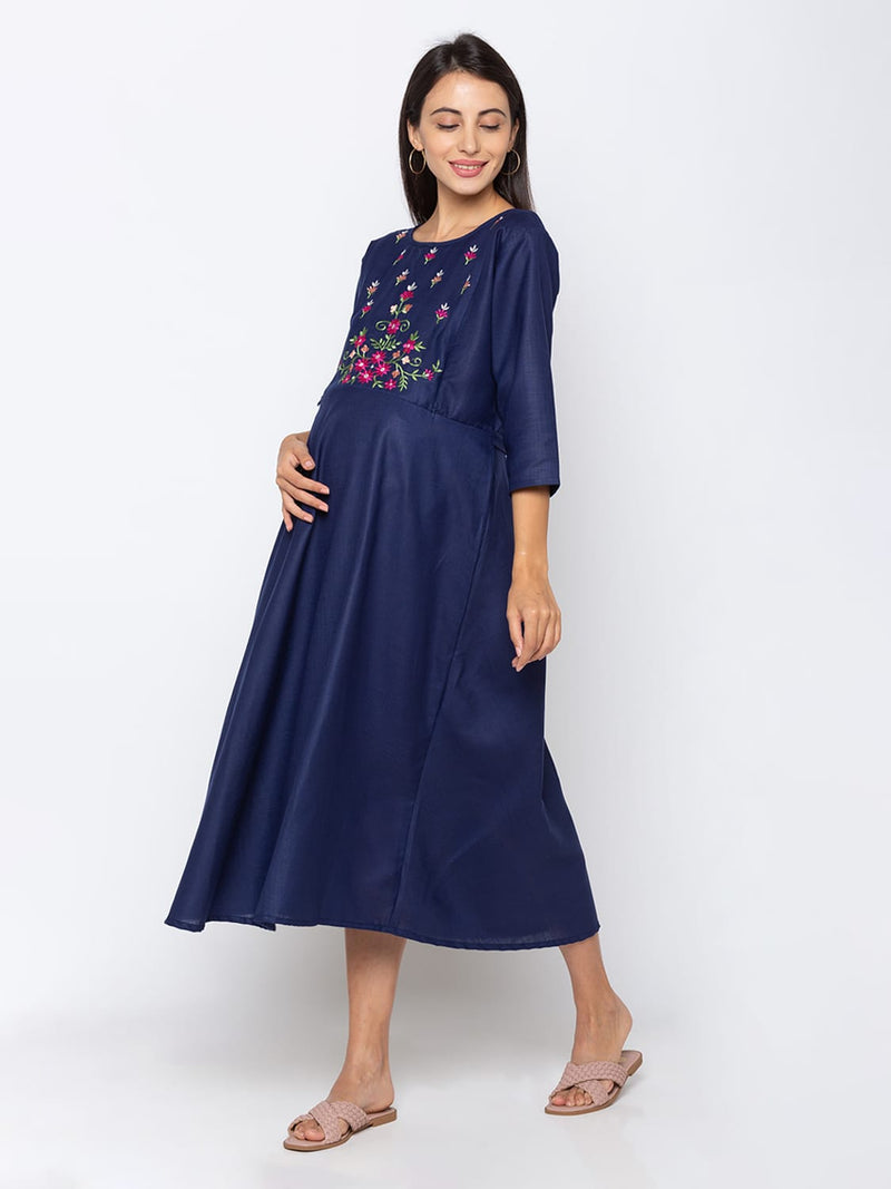 MomToBe Women's Cotton Blend Space Blue Maternity/Feeding/Nursing Dress