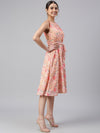 Janasya Women's Peach Georgette Floral Print A-line Western Dress