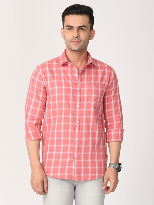 Men Pink & Beige Slim Fit Checked Cotton Casual Shirt