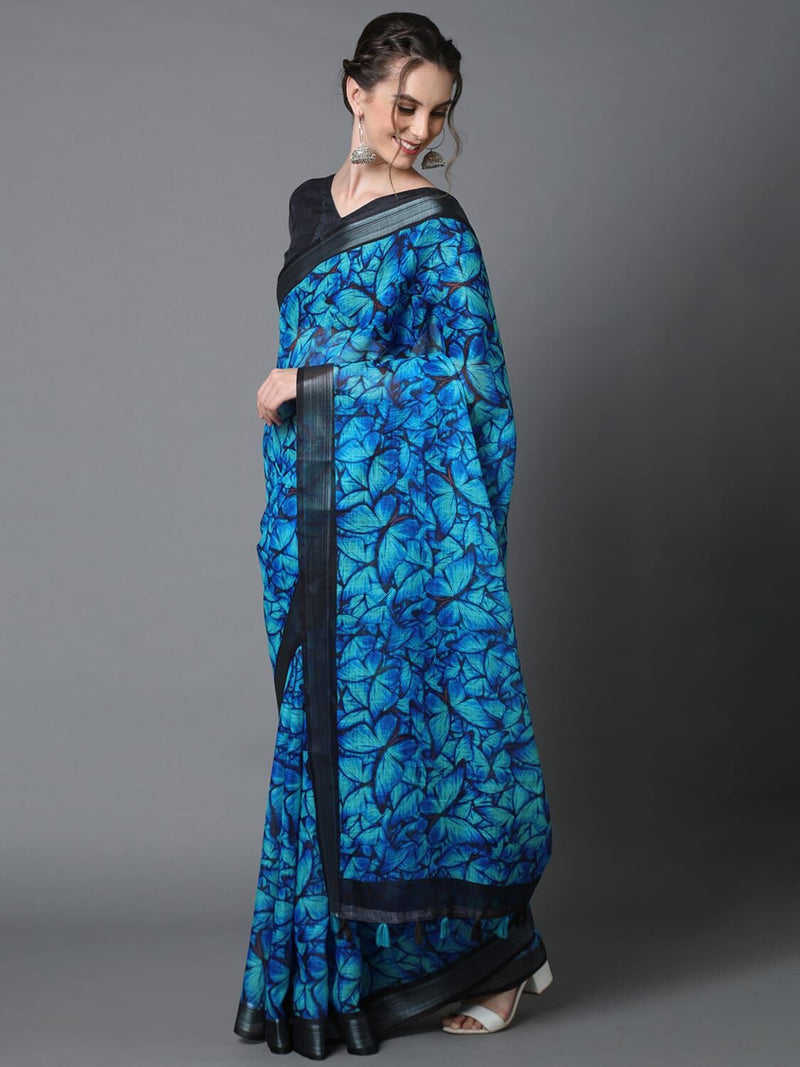 Sareemall Blue Casual Linen Designer Printed Saree With Unstitched Blouse