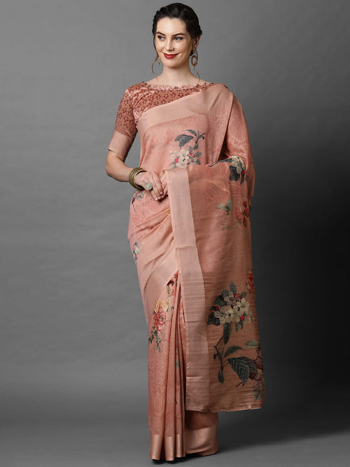 Sareemall Peach Party Wear Fancy Cotton Silk Printed Saree With Unstitched Blouse