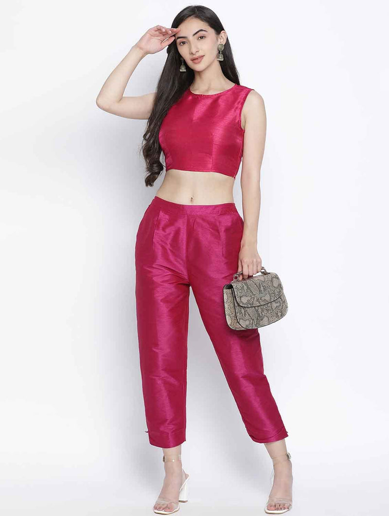 Ivolic Solid Pink Dupion Silk Women Pant