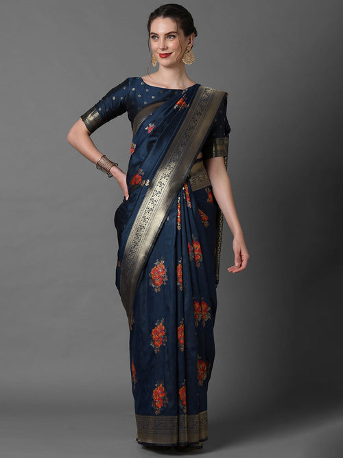 Sareemall Navy Blue Festive Silk Blend Woven Design Fame Saree With Unstitched Blouse