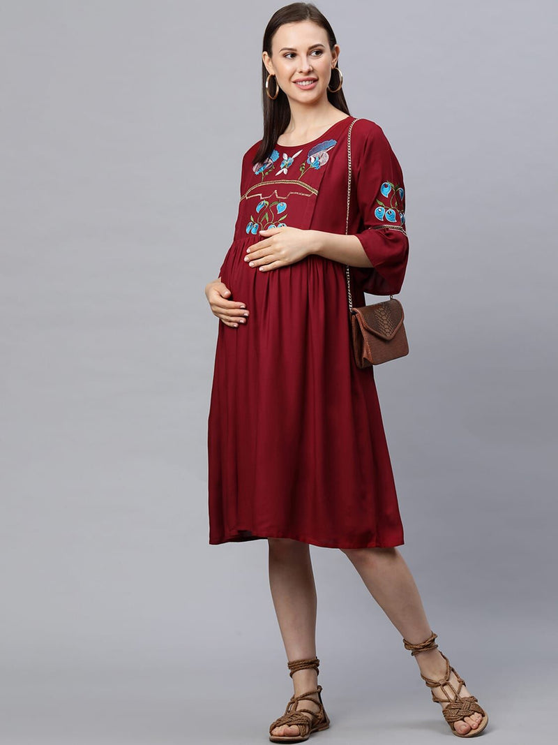 MomToBe Rayon Garnet Maroon Maternity/Feeding/Nursing Dress