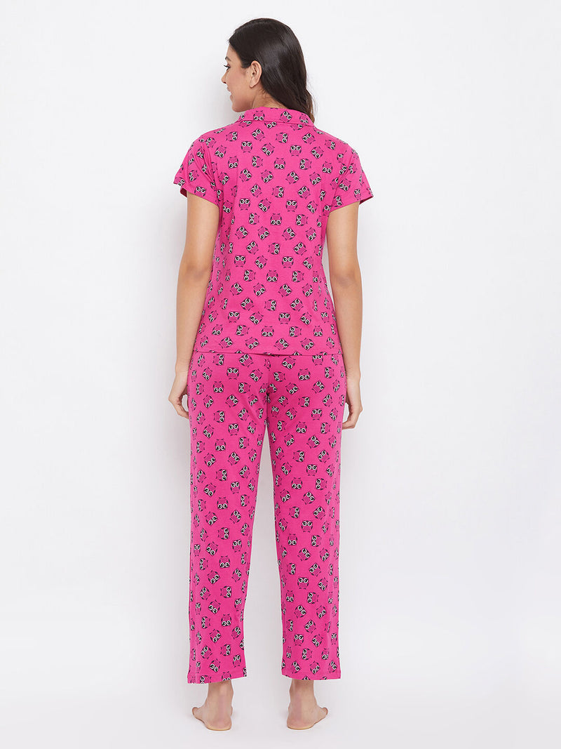 Clovia Owl Print Button Me Up Shirt & Pyjama Set in Magenta - Cotton Rich