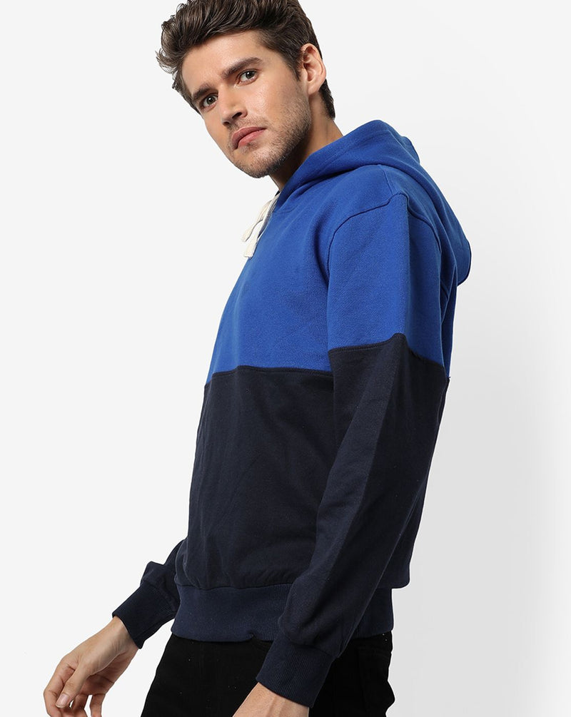 Campus Sutra Men's Blue Solid Colour-Blocked Regular Fit Sweatshirt With Hoodie For Winter Wear | Full Sleeve | Cotton Sweatshirt | Casual Sweatshirt For Man | Western Stylish Sweatshirt For Men