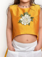 Jelly Jones Yellow Asymmetric Flower Emblished top and White shorts