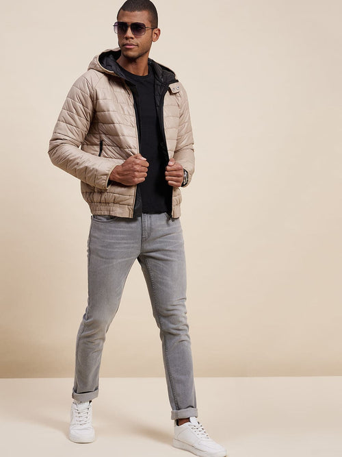 Men's Khaki Full Sleeve Puffer Hoodie Jacket