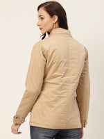 Women Beige Solid Parka Jacket With Detachable Hood
