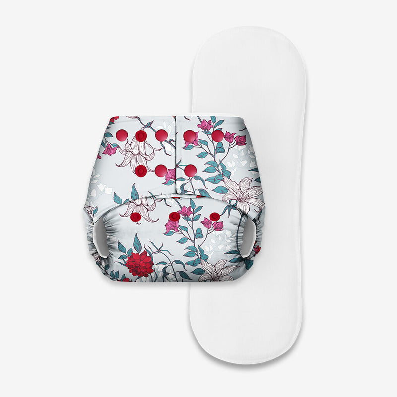 BASIC Pocket Diaper - Freesize Adjustable, Washable and Reusable pocket cloth diaper for day time use (with dry feel pad/soaker/insert)(redFlowers)