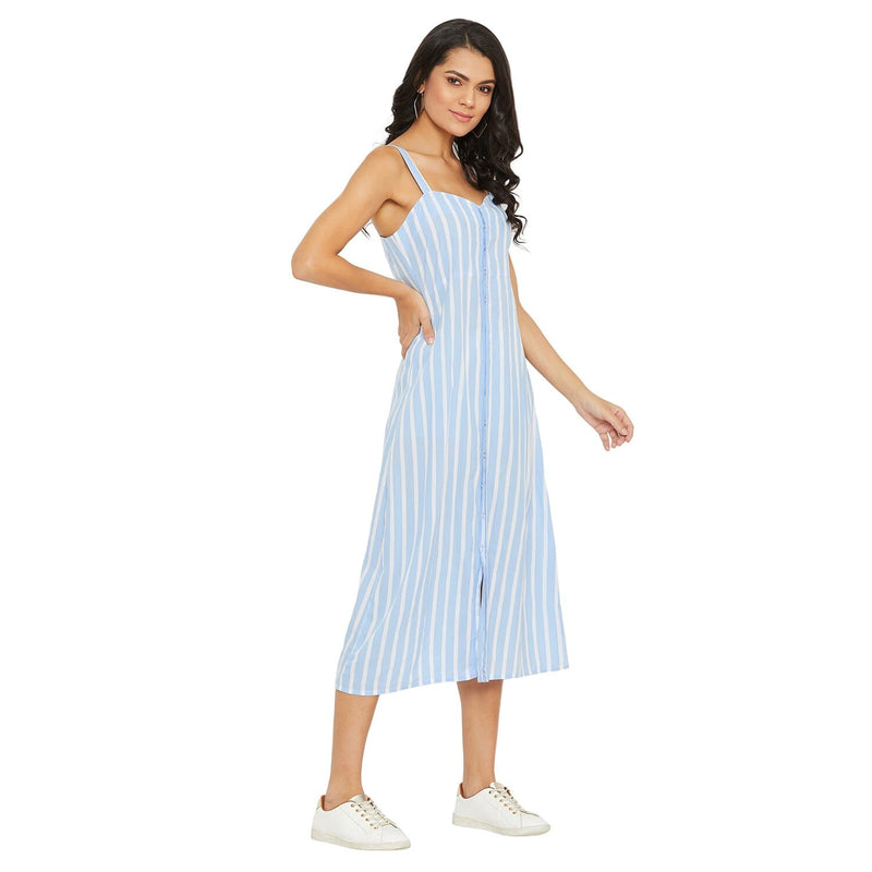 Adults-Women Blue and White Stripe Fit and Flare Midi Dress