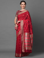 Sareemall Red Festive Cotton Blend Woven Design Saree With Unstitched Blouse