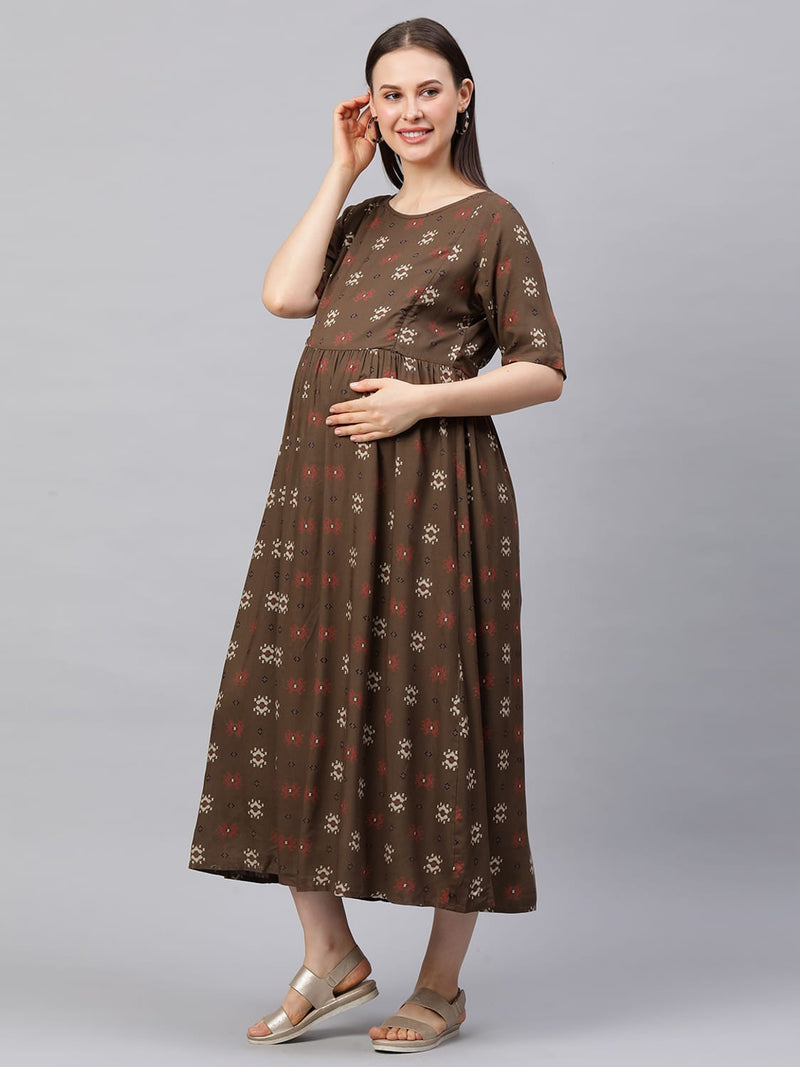 MomToBe Women's Rayon Peanut Brown Maternity Feeding Dress