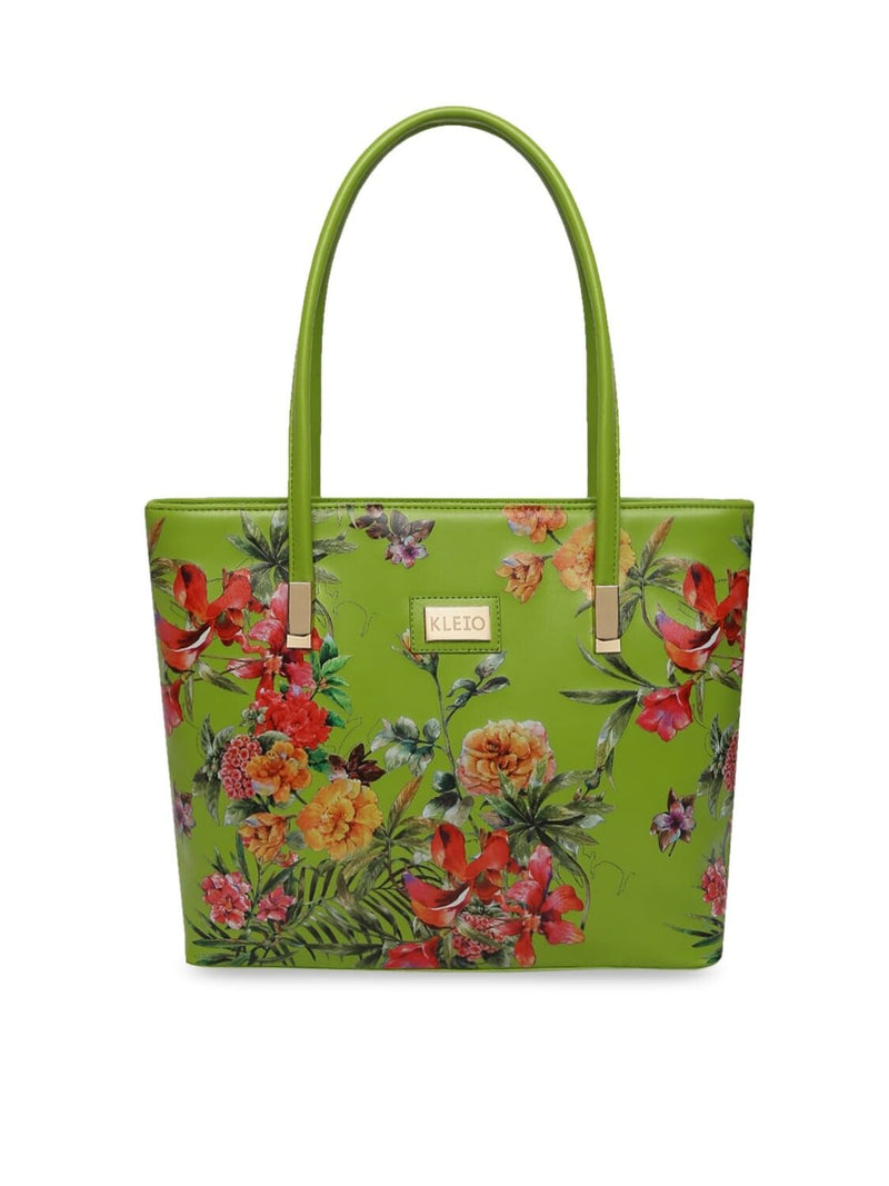 KLEIO Floral Printed Zipper Tote Shoulder Handbag For Women/Ladies (HO4014KL-GR)(GREEN)