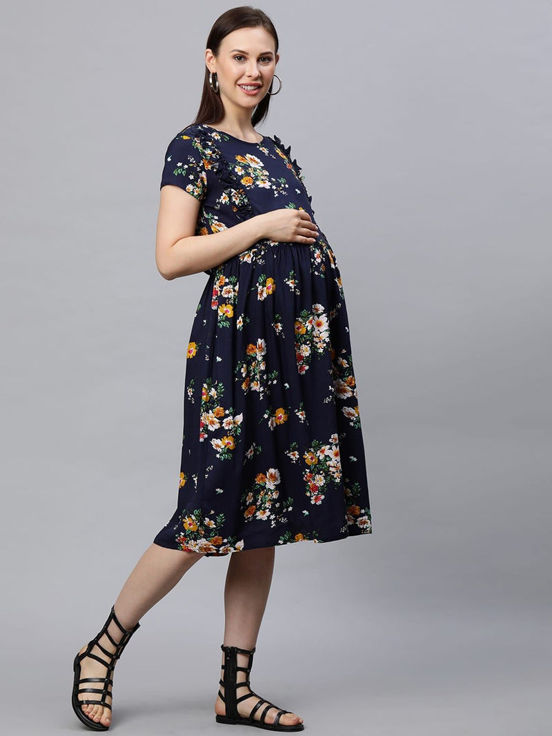 MomToBe Women's Navy Blue Maternity/Feeding Nursing Dress