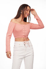 IZF Pink Off- Shouldered Lace-up Knit Top