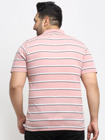 Venitian Men Striped Plus Size Polo Neck Pink T-shirt With Pocket