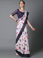 Sareemall White & Pink Casual Linen Printed Saree With Unstitched Blouse