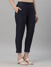 Juniper Navy Cotton Flex Festive Solid Straight Pant/Slim Pant For Women