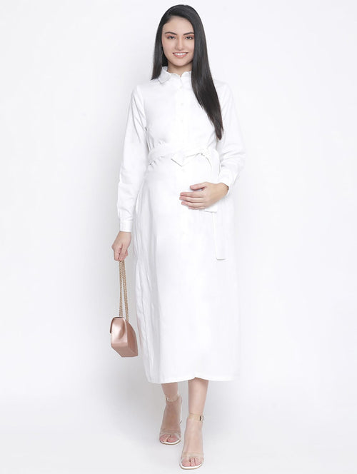 Hopple White Button- Down Long Maternity Dress