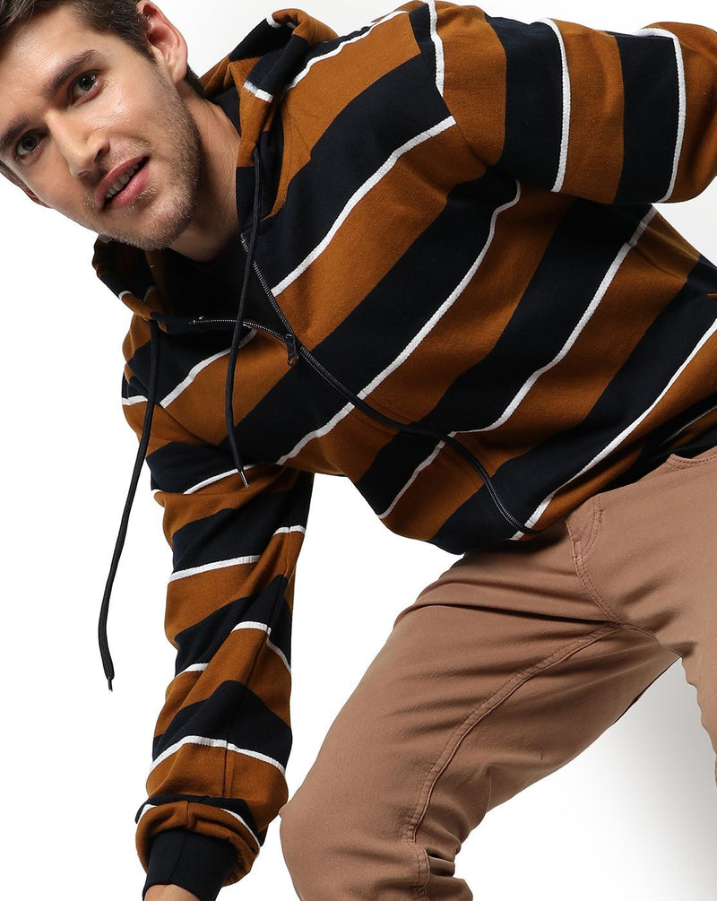 Campus Sutra Men's Brown & Black Striped Regular Fit Zipper Sweatshirt With Hoodie For Winter Wear | Full Sleeve | Cotton Sweatshirt | Casual Sweatshirt For Men | Western Stylish Sweatshirt For Man